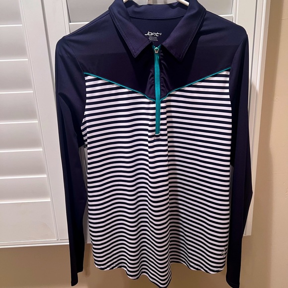 JoFit Navy Striped Quarter Zip with Teal accents on the Zipper - Picture 1 of 3